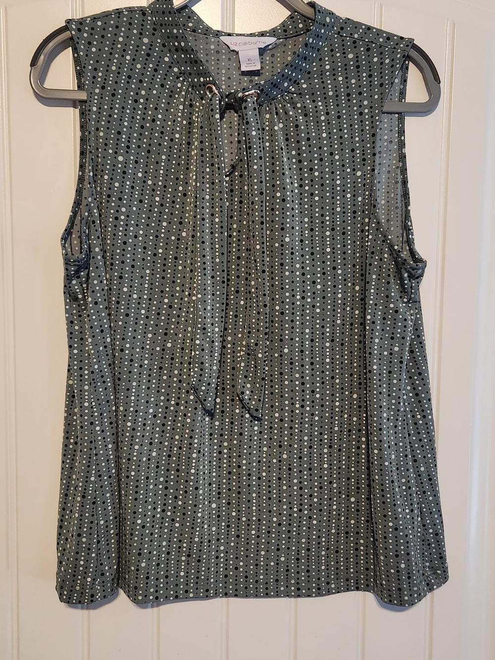 Liz Claiborne Sage Green Sleeveless Tie-Neck Dot Blouse